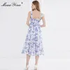 Moda Designer Dress Summer Women Spaghetti Strap Floral Print Elegant Midi 210524