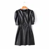 Women elegant black leather dress fashion ladies short sleee sun-es party female slim faux girls chic 210427