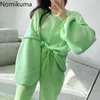 Nomikuma Koreański Chic Kobiety Dwa kawałek Zestaw O Neck Z Długim Rękawem Bluza Wysoka Talia Luźne Spodnie Przyjazd Solid Color Wymot 210514