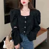 Giacca da donna a maniche lunghe con maniche lunghe in tweed stile francese Cappotto elegante Top corto da donna Slim Black Outwear Primavera 210514