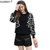 Design de marca Casual Pullover Camisola Primavera Mulheres Rendas Costura Malha Elegante Leopard Imprimir Preto Tricô Top 210914