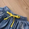Diseño de verano 3 4 5 6 8 10 11 12 años Bebé bordado flor algodón suelto ancho pierna denim pantalones cortos azules para niños niñas 210529