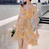Summer Beach Dress Woman Yellow Runway Design Sleeveless Bodycon Strap High Waist V-neck Luxury Boho Mini es 210603
