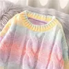 Höst Vinter Kvinnor Regnbåge Tröjor Slips Dye Pullover O-Neck Lång Loose Striped Korean Jumpers Candy Färg Stora Kvinna Toppar 211216