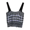 Donne Sweet Fashion Patchwork Ploid Croppeted Camis Top Vintage Straps Wide senza schiena Tops Female Chic Camisole 210531