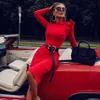 Winter Red Long Sleeve Club Bodycon Bandage Dress Sexy Women Ruffles Knee Length Celebrity Evening Party Dresses 210423