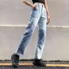 女の子のための青い直線Y2Kジーンズの女の子の女性のパッチを施した女性のファッションビンテージデニムパンツハイウエストズボン原宿キャプリス新しい210415
