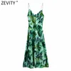 Donne Tropical Green Leaves Stampa interno Sling Dress Donna Spaghetti Strap Side Split Abiti Chic Abiti estivi DS8278 210420