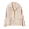 Dames Abrikoos Tweed Korte Jas Turn Down Collar Pocket Button Tassel Cardigan Lente Herfst Kleine Geur C0231 210514