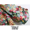 Traf Women Fashion Floral Imprimé Blouses Cradues Vintage V Cou Neck Sleeve côté Zipper Femelle Shirts Blusas Chic Tops 210415