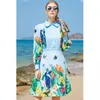 holiday long sleeve turn down collar tropical pleated knee length A-line dresses for women lady beach casual clothes 2XL 210421