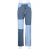Jeans femininos retos de retalhos de jeans saídos de cintura alta da cintura Mã