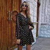 gold polka dot women winter dress women sheer long sleeve vintage black short dress elegant ladies autumn dress 210415