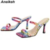 Chaussures pour femmes été mode rétro imprimé couleurs mélangées bande étroite Zapatos De Mujer talons aiguilles pantoufles 42 210507