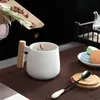 Nordic Style wooden handle Ceramic Cups Coffee Mugs Large capacity mug with spoon lid coffee tea cup home office drinkware 210804