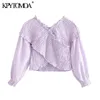 KPYTOMOA Kadınlar Tatlı Moda Smocked Elastik Asimetrik Kırpılmış Bluzlar Vintage V Boyun Uzun Kollu Kadın Gömlek Chic Tops 210401