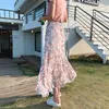 Grön och rosa blommig kjolar A-typ oregelbunden Ruffled Maxi Jupe Femme Sommar Hög midja Tryckt Chiffon Kjol 10012 210508