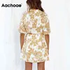 Verano Boho Floral Estampado Camisa Linterna Manga Corta Casual Una Línea Bolsillo Oficina Mini Vestido Vestidos Mujer 210413