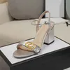 Classic High heeled sandals party fashion 100% leather women Dance shoe designer sexy heels Suede Lady Metal Belt buckle Thick Heel Woman shoes Large size 35-42 With box