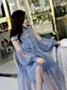 Arrivals Women Lace Flower Dress Gauze Lantern Sleeve Voile Long Dress Female Retro Hook Princess Dress 2 Piece Set 211029