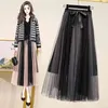 Plus Size Summer Women's Mesh Cake Mid-Length Skirt With Bow Elegant Loose A-line High Waist Long Patchwork Tulle Skirts B13227X 210416