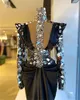 Dubai Black High Neck Crystal Aftonklänningar 2021 Långärmad Afrikansk Satin Plus Size Mermaid Formell Prom Party Gowns Robe de Soiree