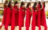 2021 Cheap Arabic Red Mermaid Bridesmaid Dresses One Shoulder Side Split Floor Length Long Wedding Guest Dress Formal Maid of Honor Gowns