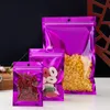 1000 unids/lote bolsa de papel de aluminio con cierre de cremallera plana a prueba de olores resellable púrpura bolsa de embalaje con orificio frontal transparente para almacenamiento de alimentos
