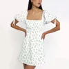 Summer Lady Print Retro Mini Dresses Women New Bow Tie With Belt Puff Short Sleeve Sweet Elegant Square Collar Beach Dress 210415