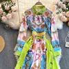 Neploe Vintage Print Bohemian Urlaub Kleid Frauen Hohe Taille Hüfte A-linie Vestidos Drehen Unten Kragen Langarm A-linie schlanke Robe 210423