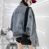 Женщины Notch Golog Pocket Джинсовая куртка Панк мото байкер вышивка C0188 210514