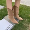 Boots Monmoira Sexy Locted Toe Mid Calf Women Splow на котенке каблуки ковбоя западные дизайнерские обувь Botas Mujer