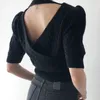 Koreanische Frühlings-elegante Damen-O-Ausschnitt-Oberteile, vorsichtige Maschinenleckage, hohles Leinenmuster, kurzärmelige Strickpullover für Damen 210508