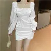 Vintage Folds Whie Medium-length Dress Spring Long Sleeve Slim Buttocks High waist Sexy Women 333G 210420