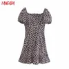 Tangada Summer Women Flowers Print French Style Square Collar Dress Puff Short Sleeve Ladies Sundress 3H476 210609