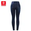 2141 Youaxon anlände hög midja jeans för kvinnor stretchy mörkblå knapp flyga denim skinny byxor byxor 210720