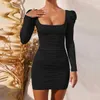 Long Sleeve Square Neck Spring Summer Black Wrap Ruched Bodycon Dress Women Sexy Backless White Elegant Short Mini Party Dresses X0705