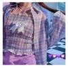 Women Summer Sun Protection 2pcs Set Loose Purple Thin Batwing-Sleeve Plaid Shirts +Sexy Sleeveless Sling Corset Harajuku Wild 210619