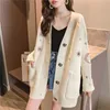 H.SA Women Winter Knitting V neck Stars Moon Embroidery Long Sweater Jacket Pink Christmas Cardigans 210417