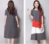 Kobiety Sukienka Lato O Neck Krótki Rękaw Kolor Dopasowywanie Midi Sundress Vintage Bawełniana Pościel Patchwork Suknie Luźne Vestidos Kobieta 210526