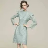 Lente luxe vrouwen stand kraag ruches kanten jurken sexy holle lange mouw vintage vestido da festa 210520