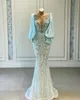 One pcs 2022 Plus Size Arabic Aso Ebi Mermaid Lace Beaded Prom Dresses Sheer Neck Long Sleeves Evening Formal Party Second Reception Gowns