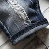 Heren geschilderde gaten gescheurde denim shorts zomer blauwe slanke rechte jeans knielengte rijbroek264L