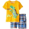 Yellow Dino Boy Ubrania Set Roar Dzieci T-Shirt Plaid Pant Suit Strój dziecięcy 100% Bawełna Topy Majtki 2 3 4 5 6 7 Rok Odzież 210413