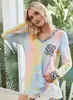 Kvinnor Fall Leopard V-Neck Stitching Tie Dye Tryckt långärmad T-shirt Original vistelse Mode Casual Pullover Top Tunna 210522