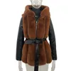 暖かい冬の女性の厚いジッパーのジャケットコートベルトの毛皮の襟革のジャケットの上着の女性パーカー
