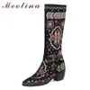 Winter Knee High Boots Women Embroider Thick Heel Long Buckle Pointed Toe Shoes Lady Autumn Size 34-46 210517