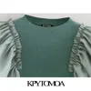 Kpytomoa النساء أزياء كشكش المرقعة اقتصاص محبوك سترة خمر طويلة الأكمام تمتد ضئيلة الإناث البلوفرات أنيقة قمم 210805