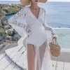 Summer Women Maxi Tulle Rękaw White Seksowna Długa Tunika Plażowa Dress 210415