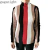 Gaganight Casual Striped Kvinnor Tröja Bodycon Långärmad Turtle Neck Pullover Stickad Patchwork Retro Koreanska Jumper 210519